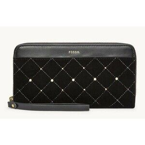 New Fossil Jori Zip Clutch wristlet RFID wallet Velvet with Leather Black